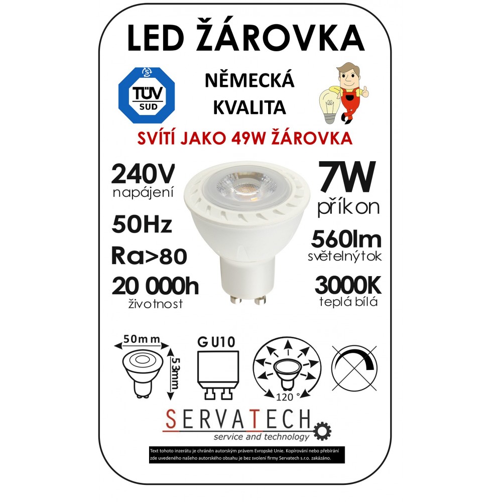 LED žárovka reflektor/bodovka 7W / 49W 240V GU10 560lm 120° 20.000h teplá