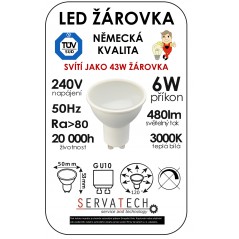 LED žárovka 6W / 43W 240V GU10 480lm 120° 20.000h teplá