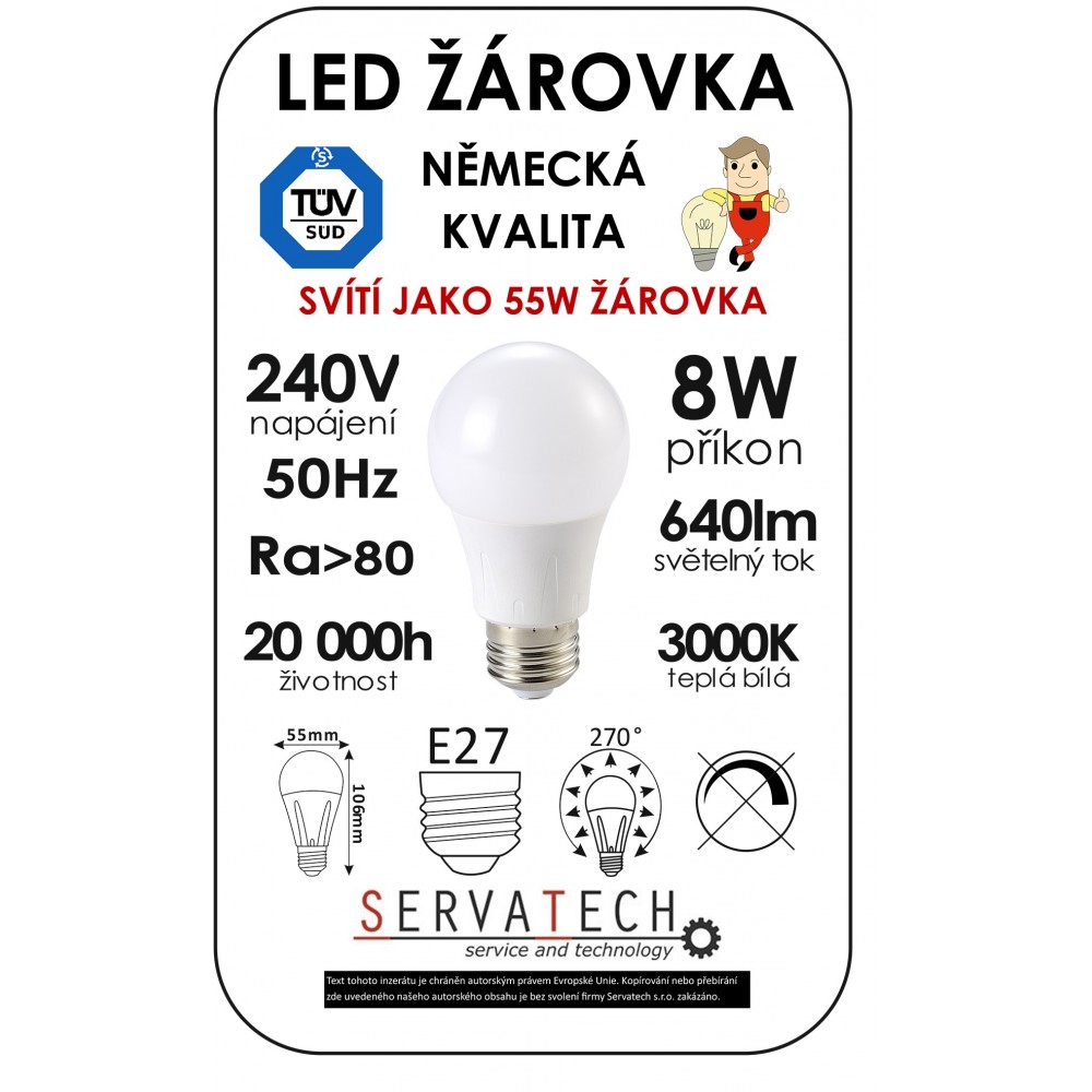 LED žárovka B55 8W / 55W 240V E27 640lm 270° 20.000h teplá